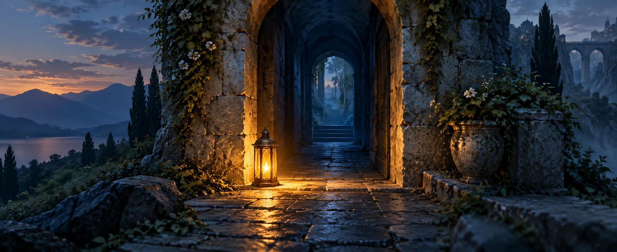 A small amber lantern stands at the bright entrance of a shadowed blue stone passage.