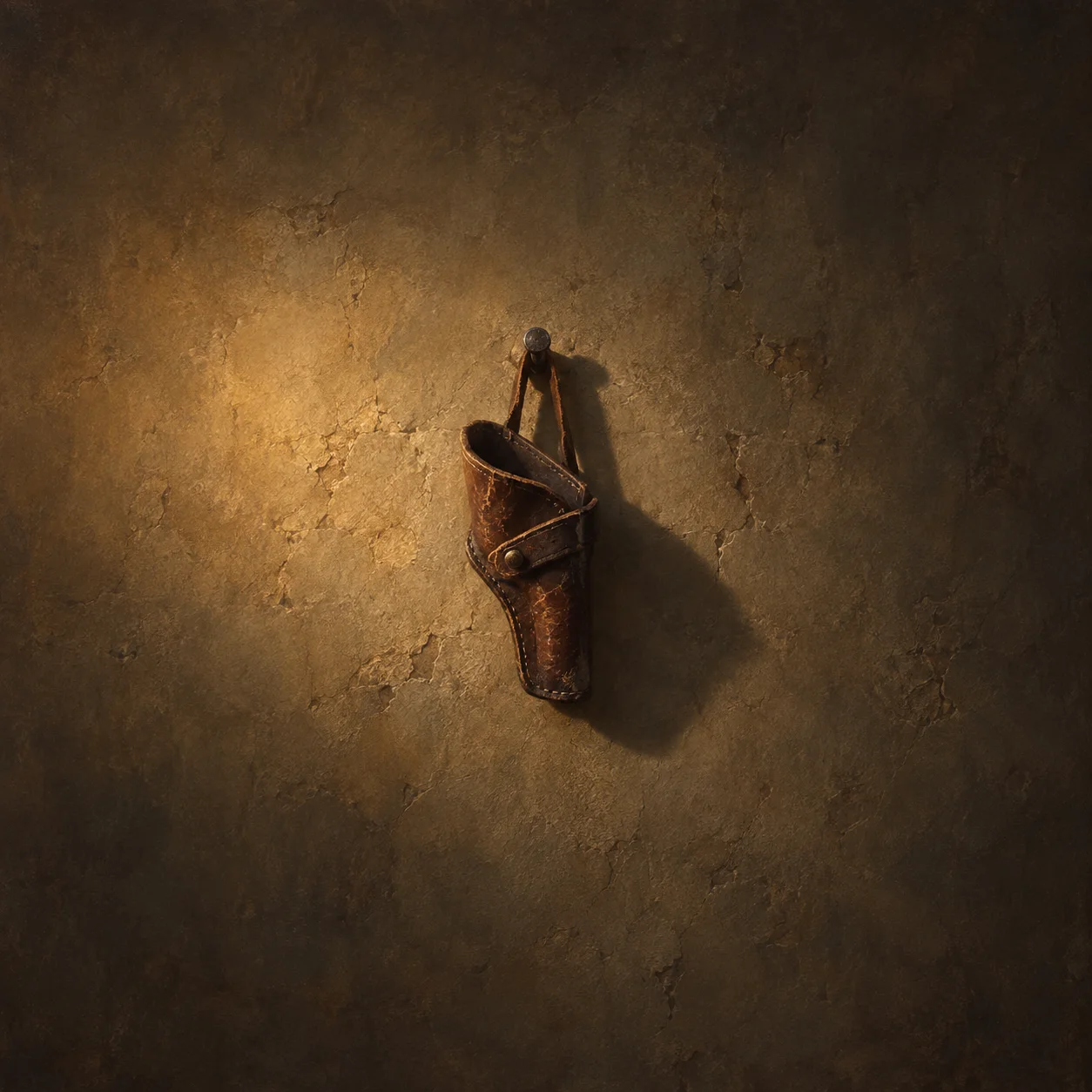 An empty cracked leather holster hangs on a rough wall in warm shadow.