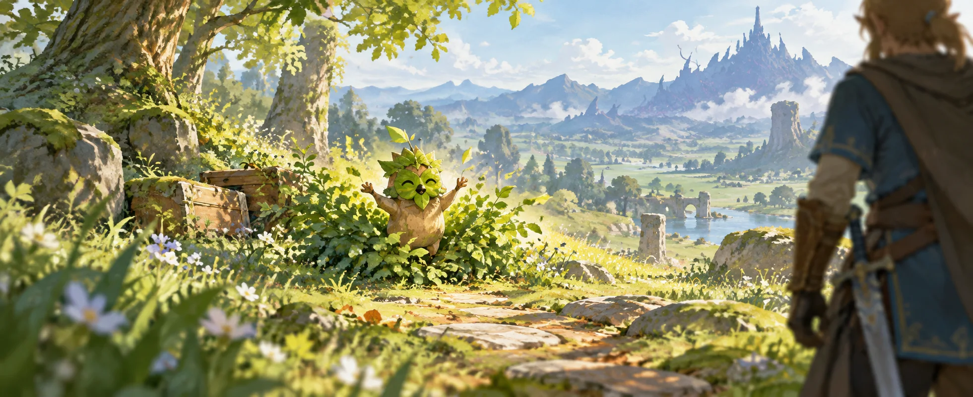 A small leafy forest spirit pops out from behind a rock as a traveller in blue looks on.