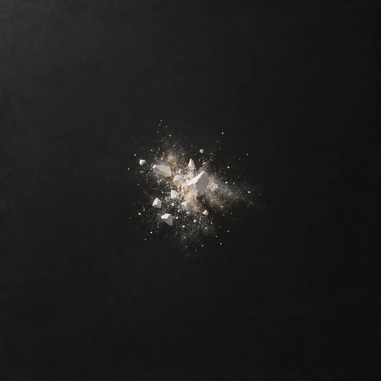 White chalk fragments and dust with pale gold sparks suspended against charcoal.