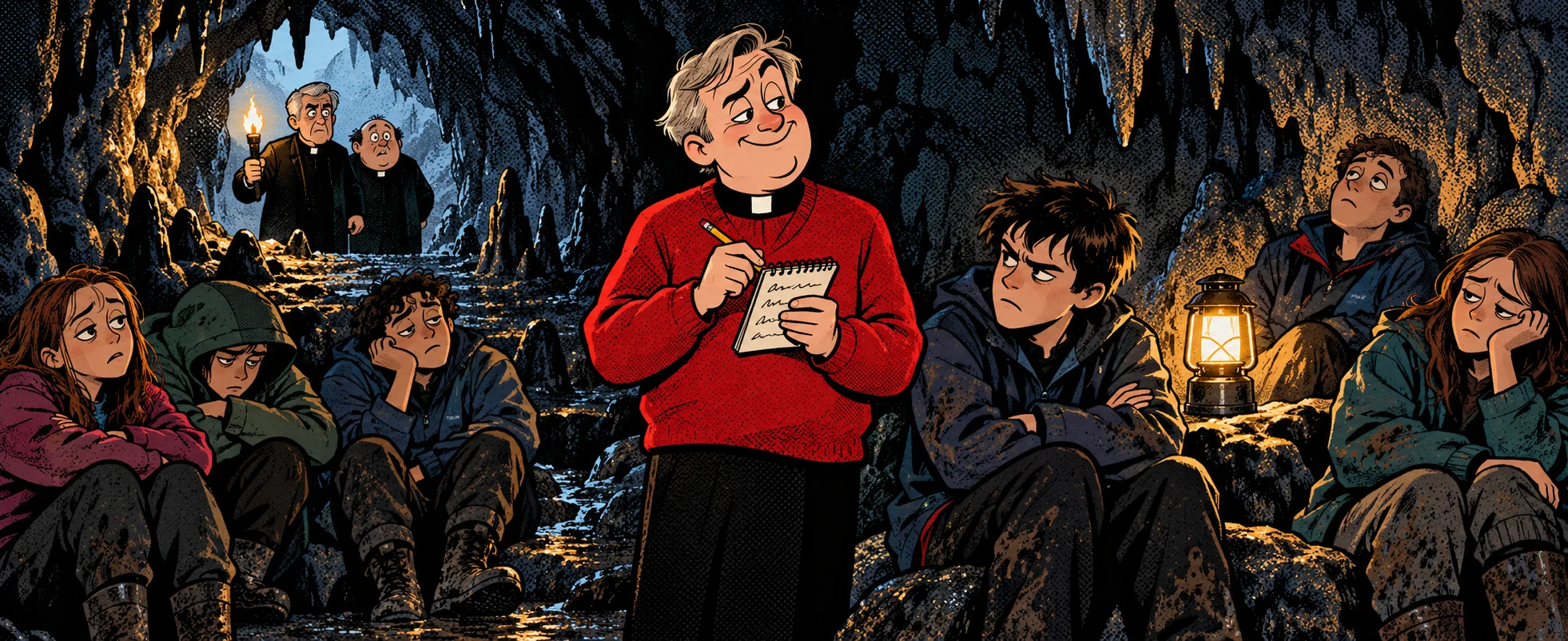 In a dark cave lit by a lantern, Father Noel Furlong in a red jumper over his collar writes in a notepad with wounded dignity among a slumped, bored youth group, as Ted and Dougal arrive with a torch behind.