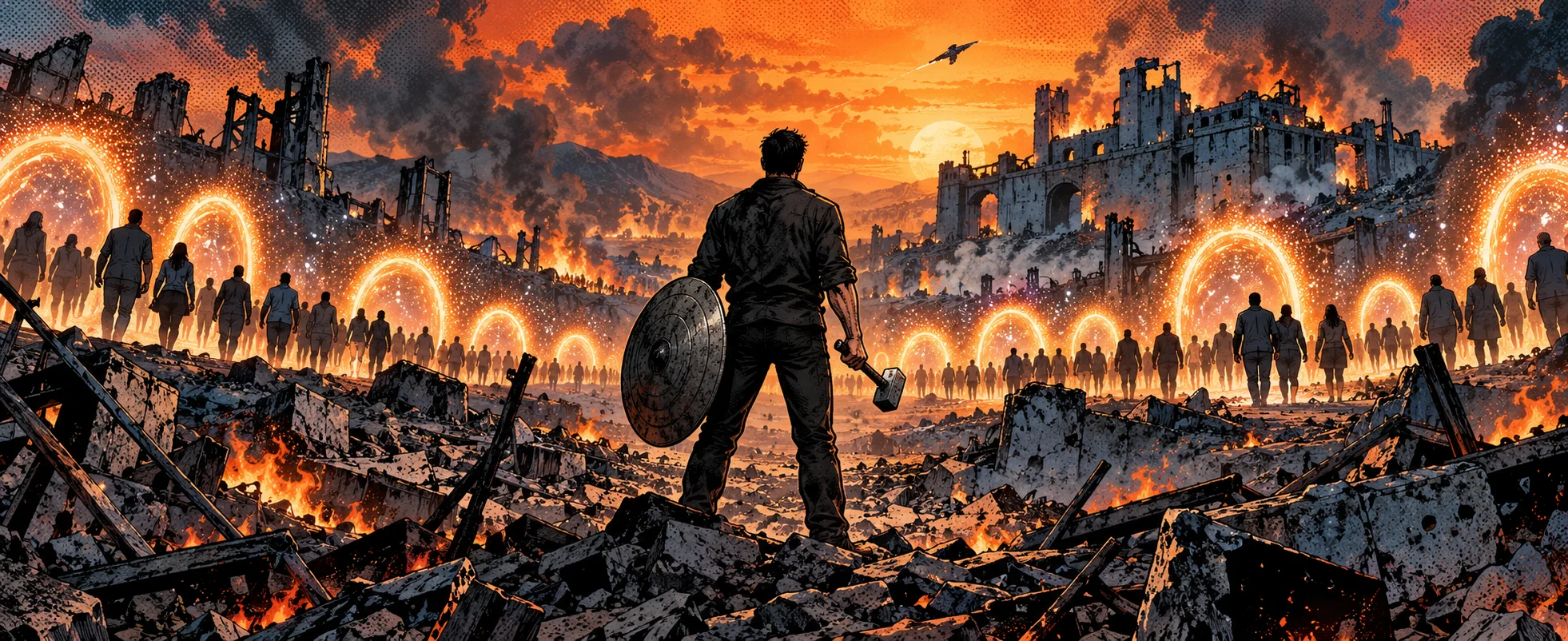 Comic panel: a man with a battered round shield and a hammer faces glowing portals as an army marches out across a ruined field.