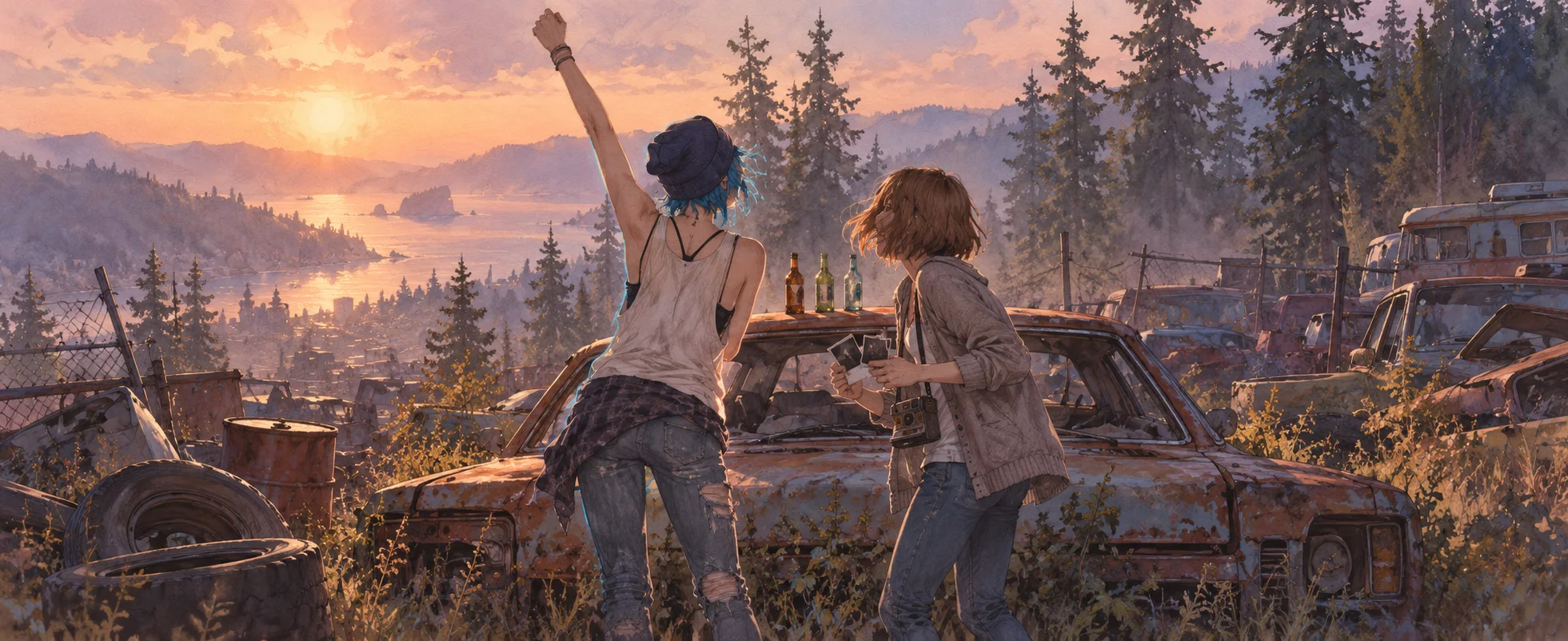 Two young women cheer in a junkyard of rusted cars at sunset above a bay, one punching the air.