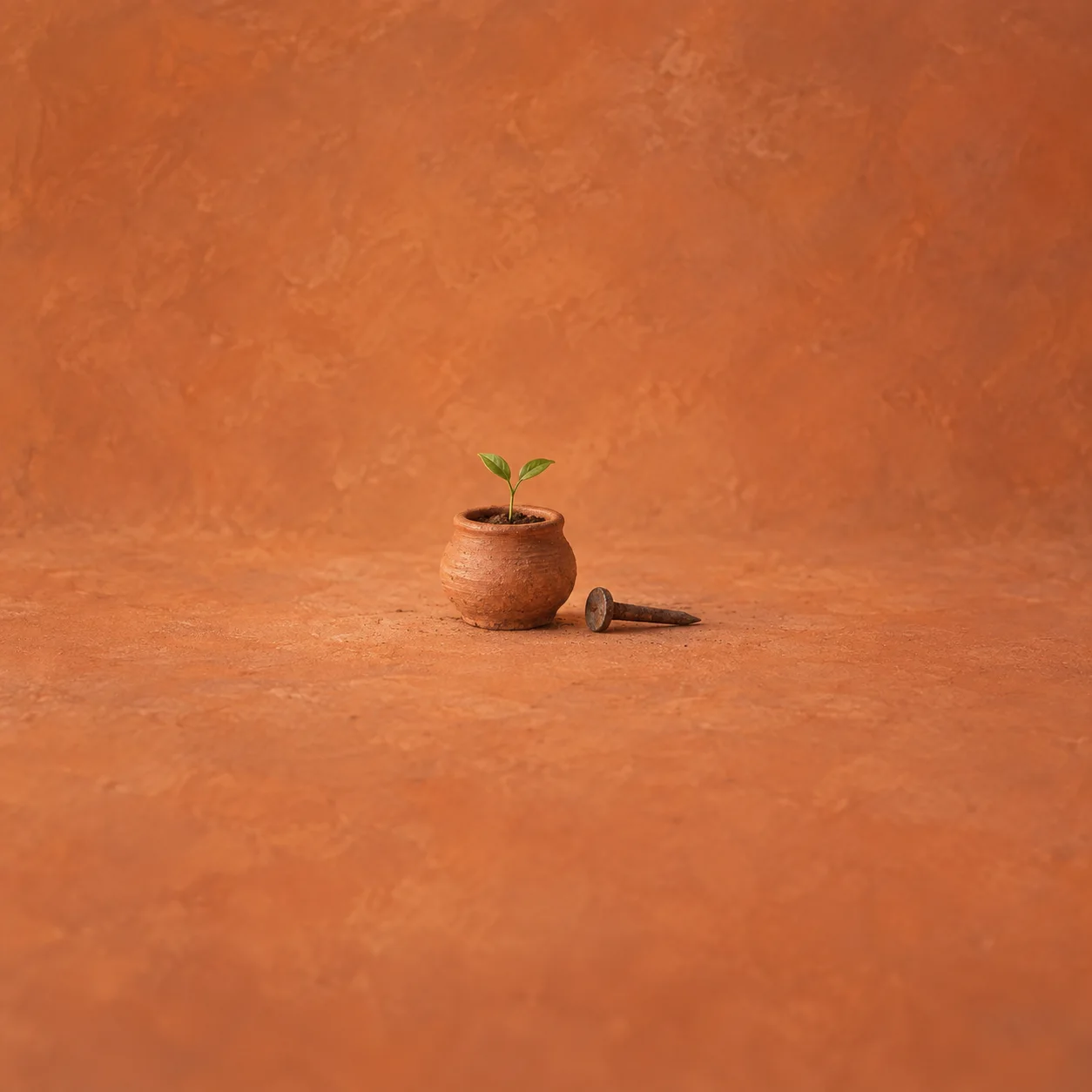 A green sprout grows from a small clay pot beside a rusty nail on an orange surface.