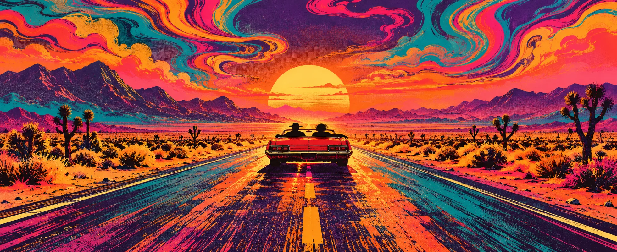 A red convertible speeds down a desert highway into a psychedelic sunset of swirling colours.