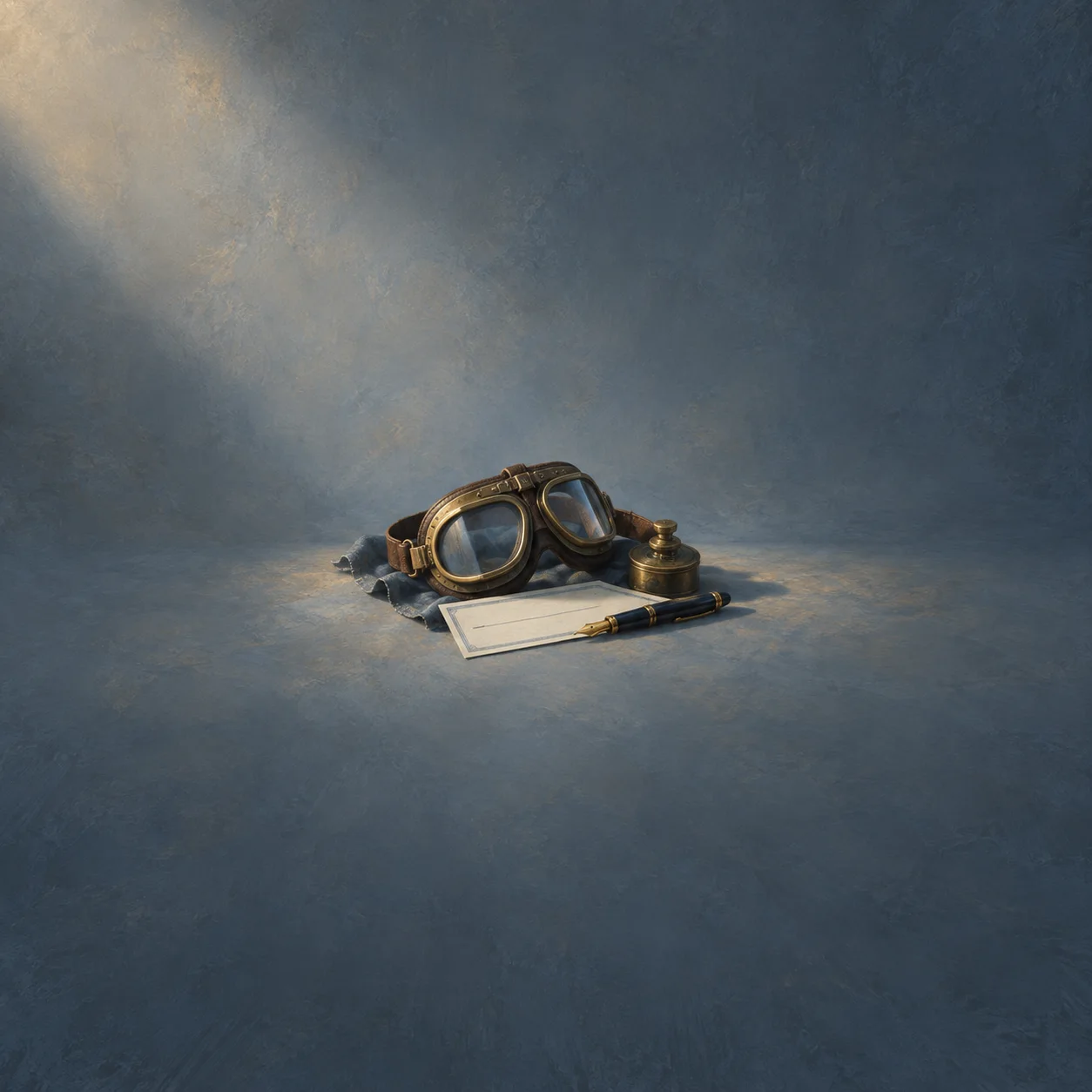 Painterly aviator goggles beside a blank cheque, fountain pen and ink bottle on steel blue.