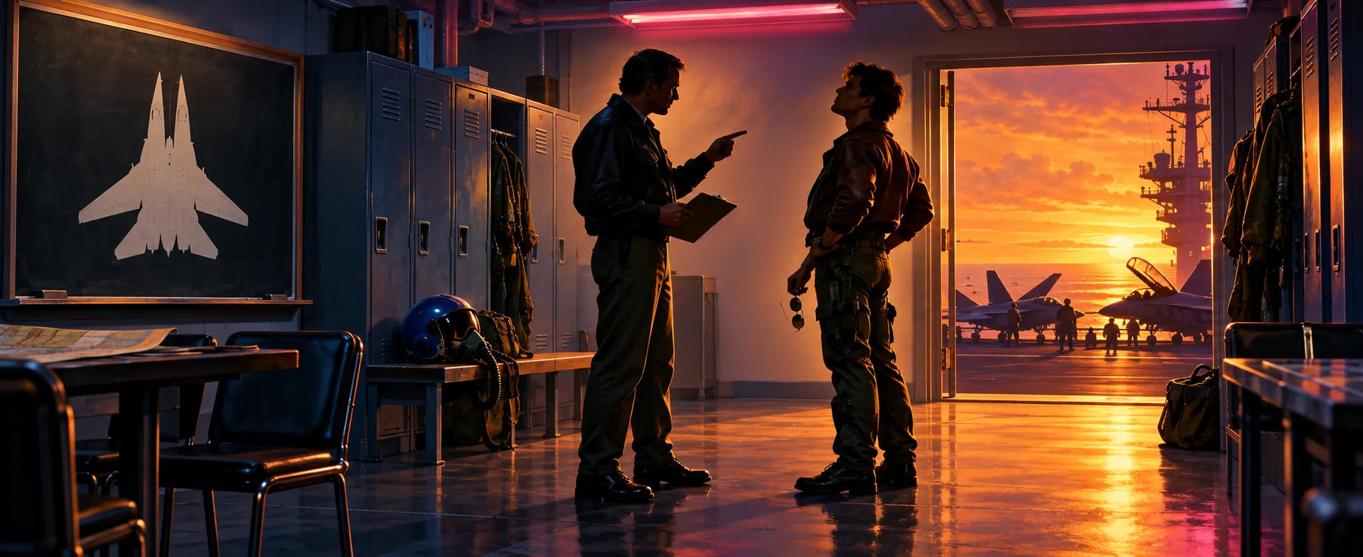 An officer with a clipboard rebukes a young pilot in a flight jacket in a carrier ready room at sunset, both in silhouette.