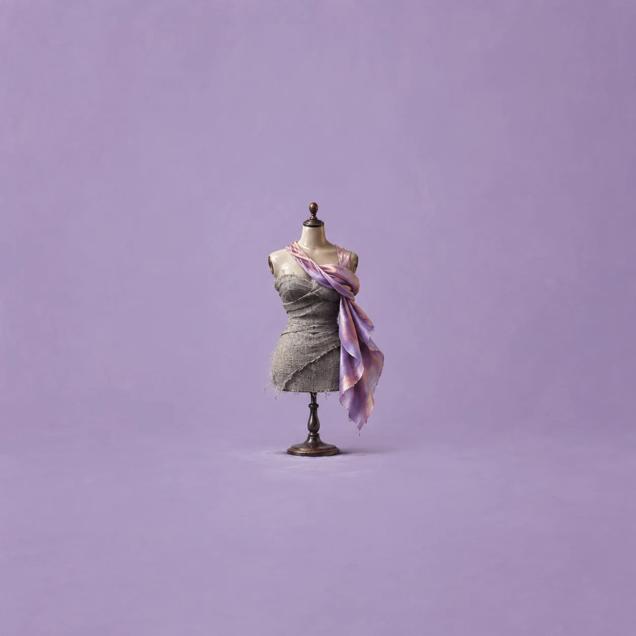 A grey fabric-covered dress form on a metal stand is draped with a lilac scarf against purple.