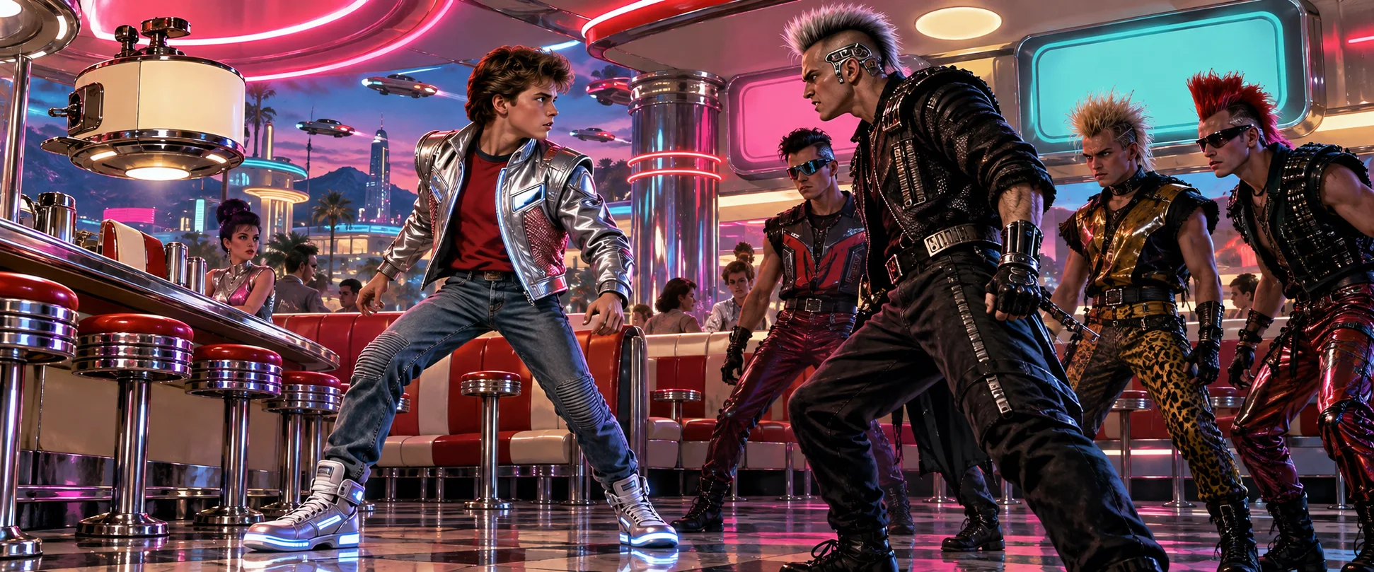 A teenager in a silver jacket squares up to a punk gang leader in a neon retro-futurist diner.