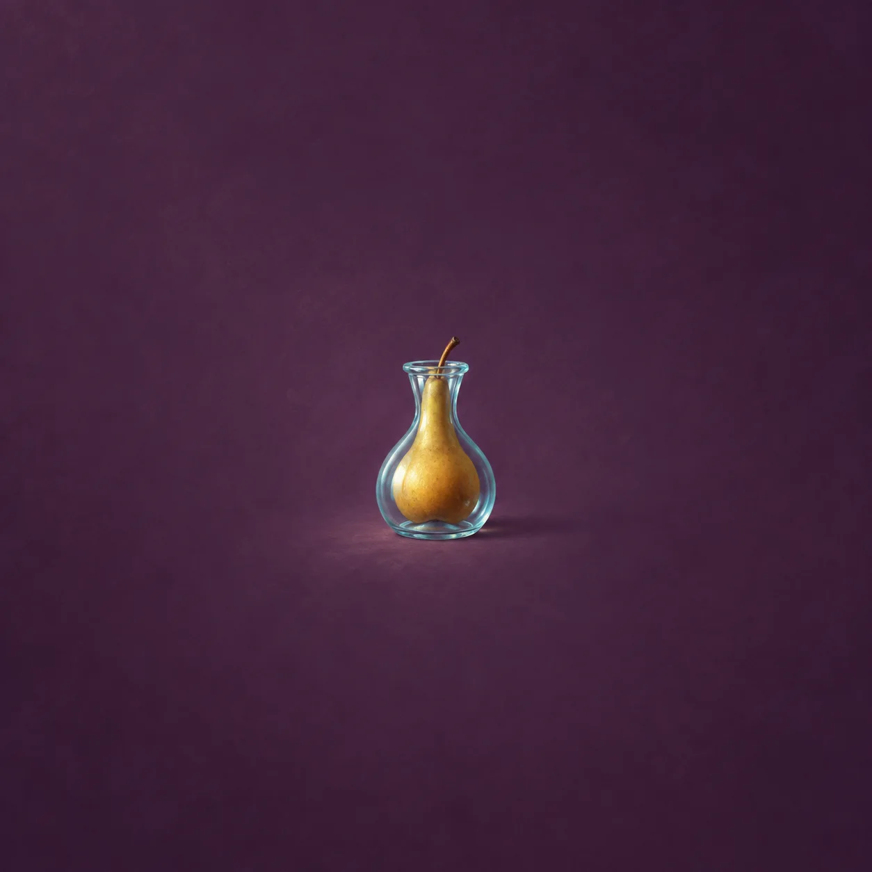 A golden pear sits inside a small pale-blue glass bottle against a plum-purple background.