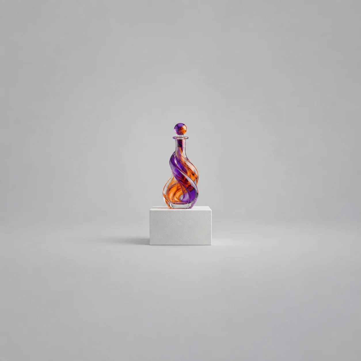Violet and orange ribbons twist inside a tall glass bottle on a white plinth.