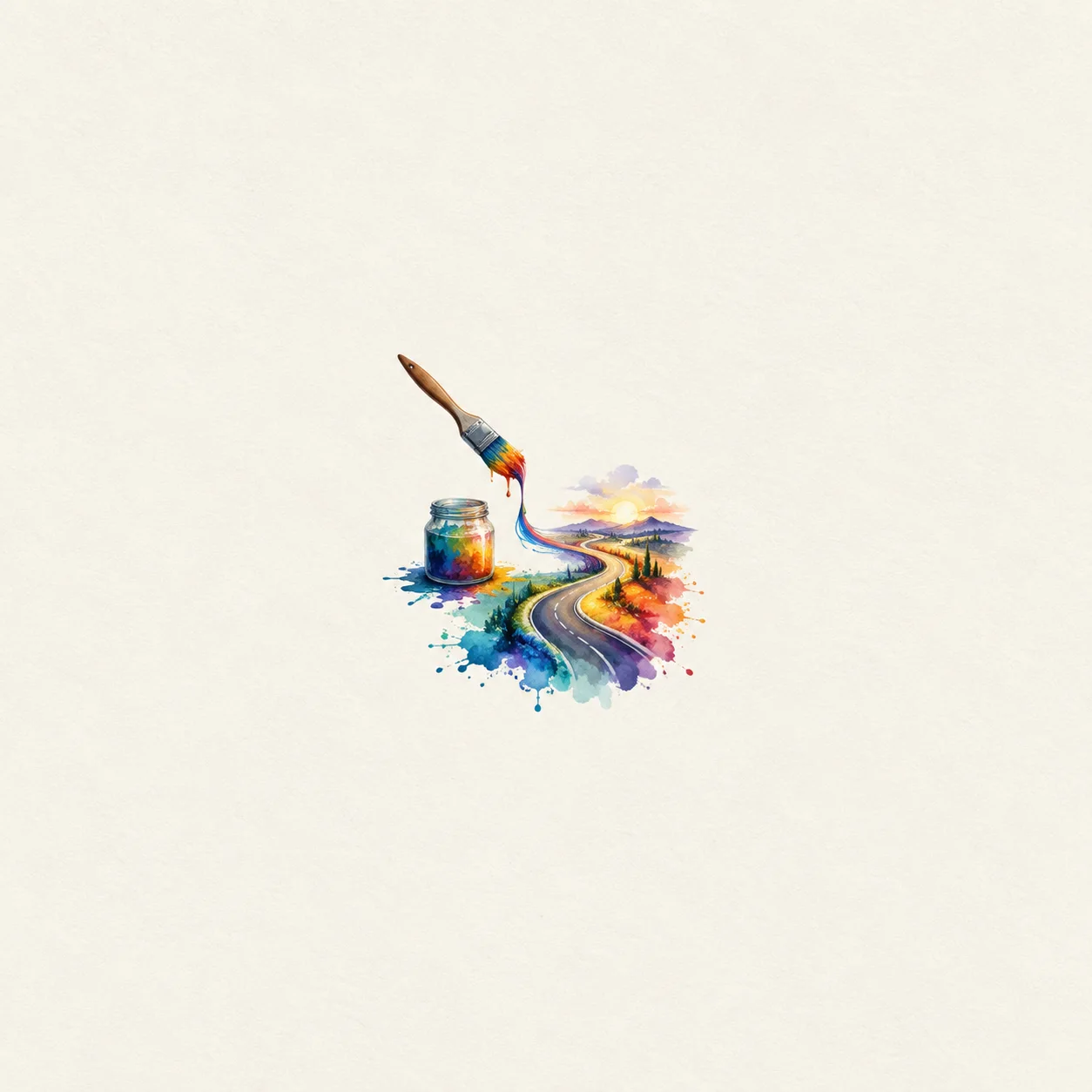 Painterly brush dripping rainbow paint beside a small jar and a winding colorful path on cream.