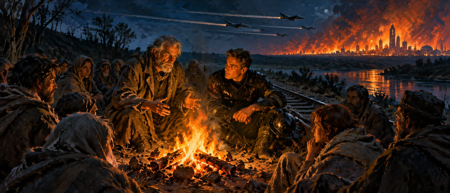 Ragged exiles gather around a campfire by a railway and a river as an old man speaks to a young fireman, a city burning on the horizon and bombers overhead.