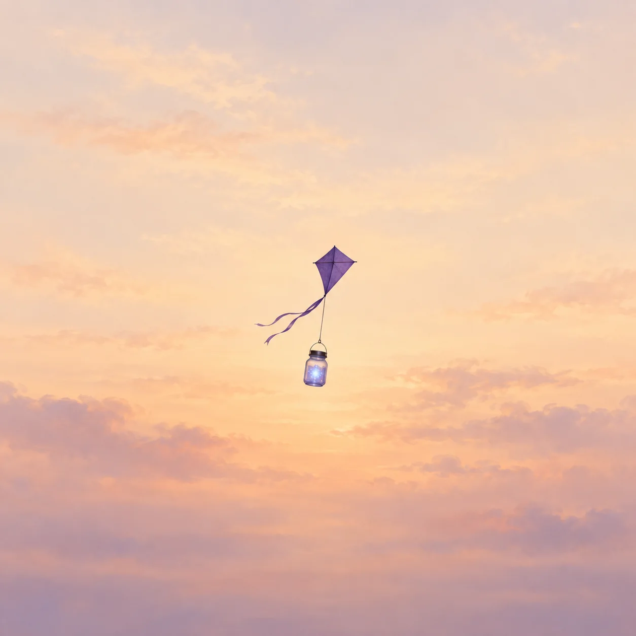 A violet paper kite lifting a small glowing glass jar against a peach-and-cream sky.
