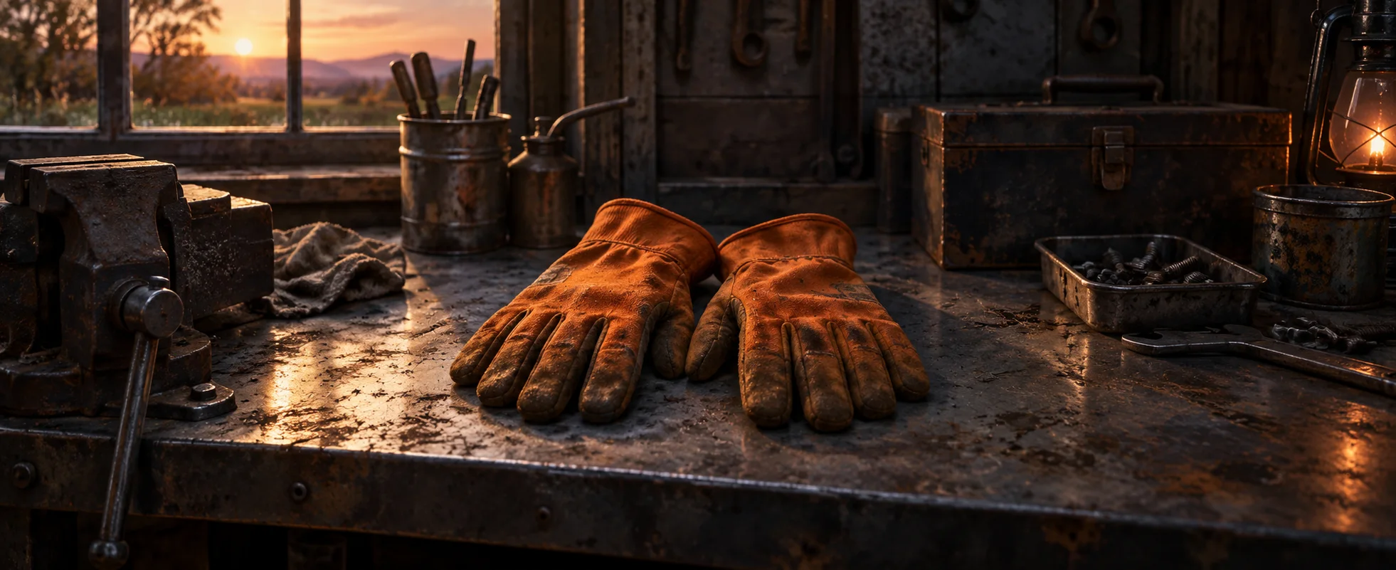 Two unmarked orange work gloves lie carefully side by side on a worn steel workbench.