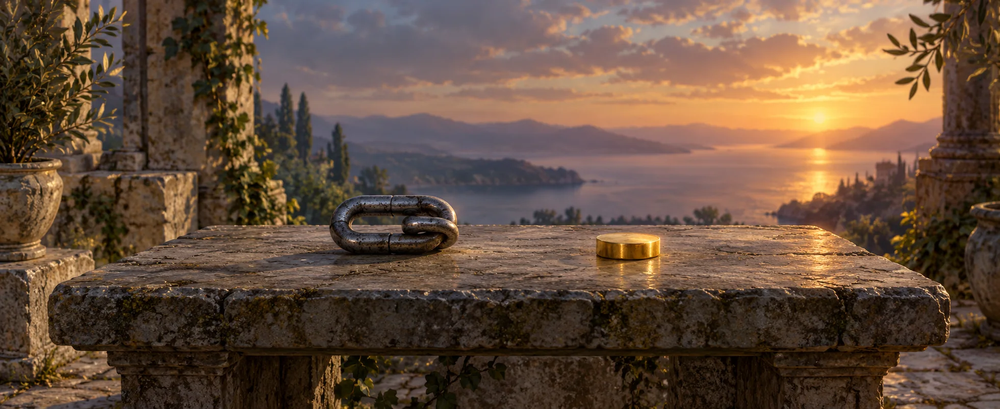 A plain steel link and a small golden disk rest on opposite sides of a weathered stone table.