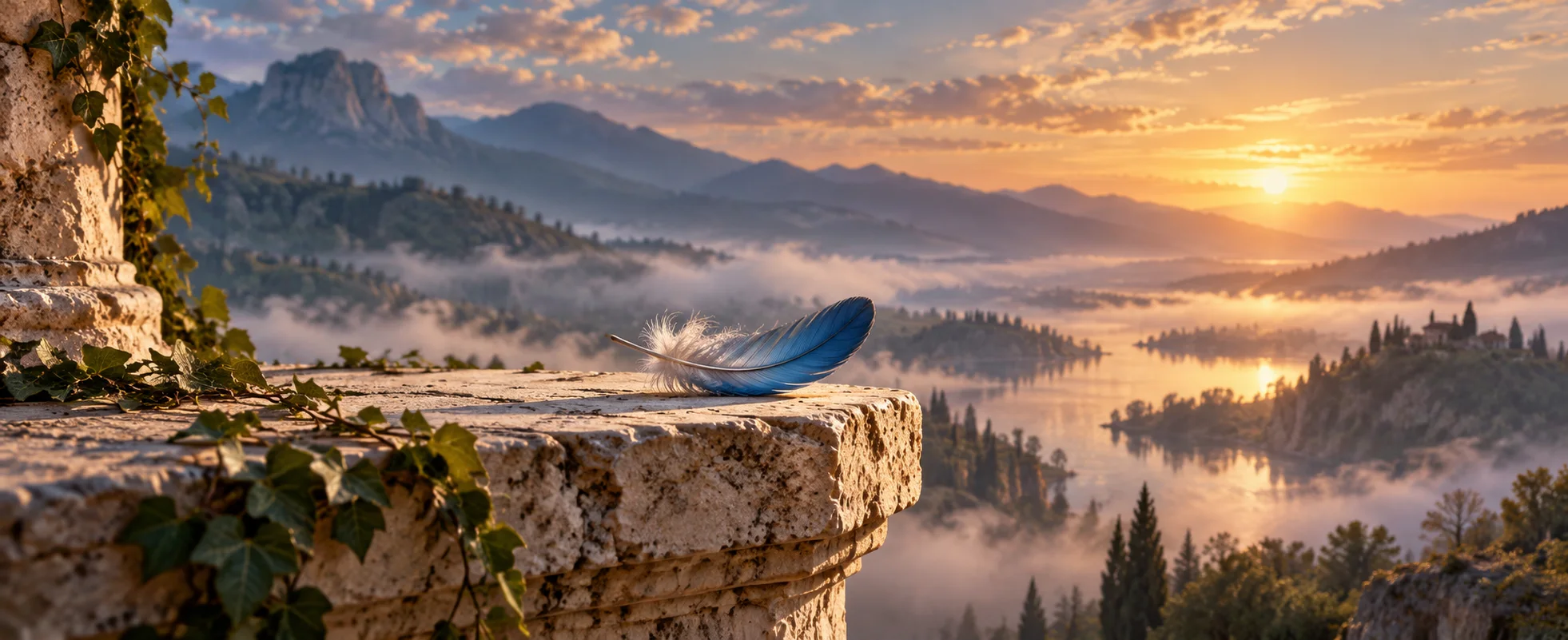 A small blue feather rests on the edge of a cream stone ledge above a misty valley.