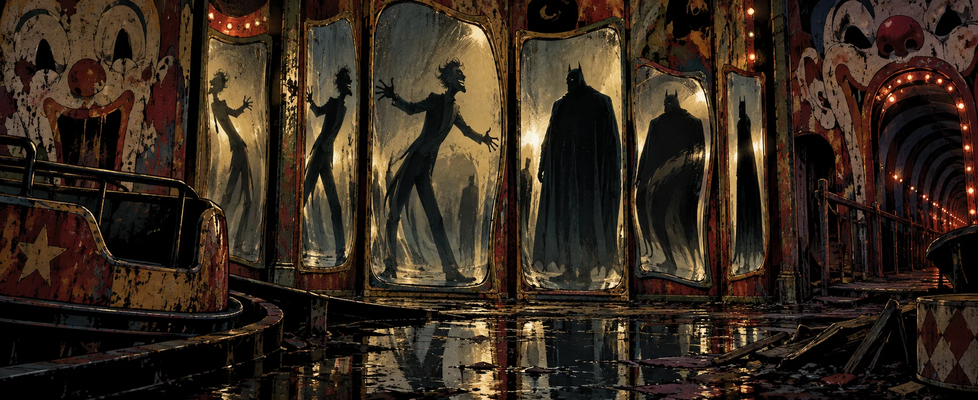 Comic illustration: a derelict carnival funhouse at night, its warped mirrors reflecting a wild-haired, grinning figure with arms spread and a caped figure with pointed ears, facing each other.
