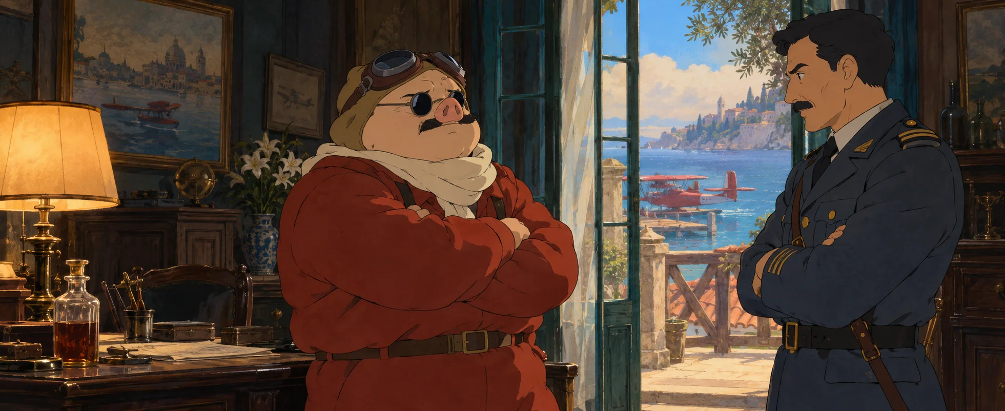 Animated-film illustration: a pig in a red flight jacket, goggles and round sunglasses stands with arms folded, facing an air force officer in uniform in a lamplit room open to a sunny Adriatic harbour.