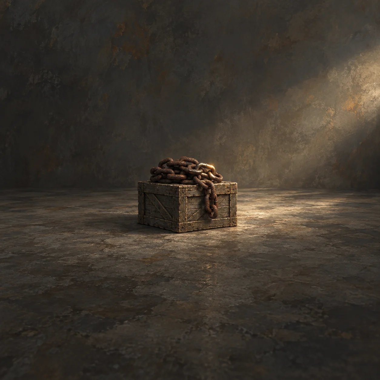 A heavy rusty chain is piled on a weathered wooden crate in a dim room with strong side light.