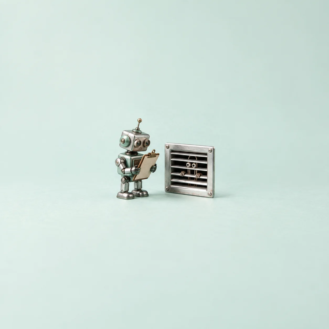 A metal toy robot holds a clipboard beside a vent grille with a tiny wire figure behind it.