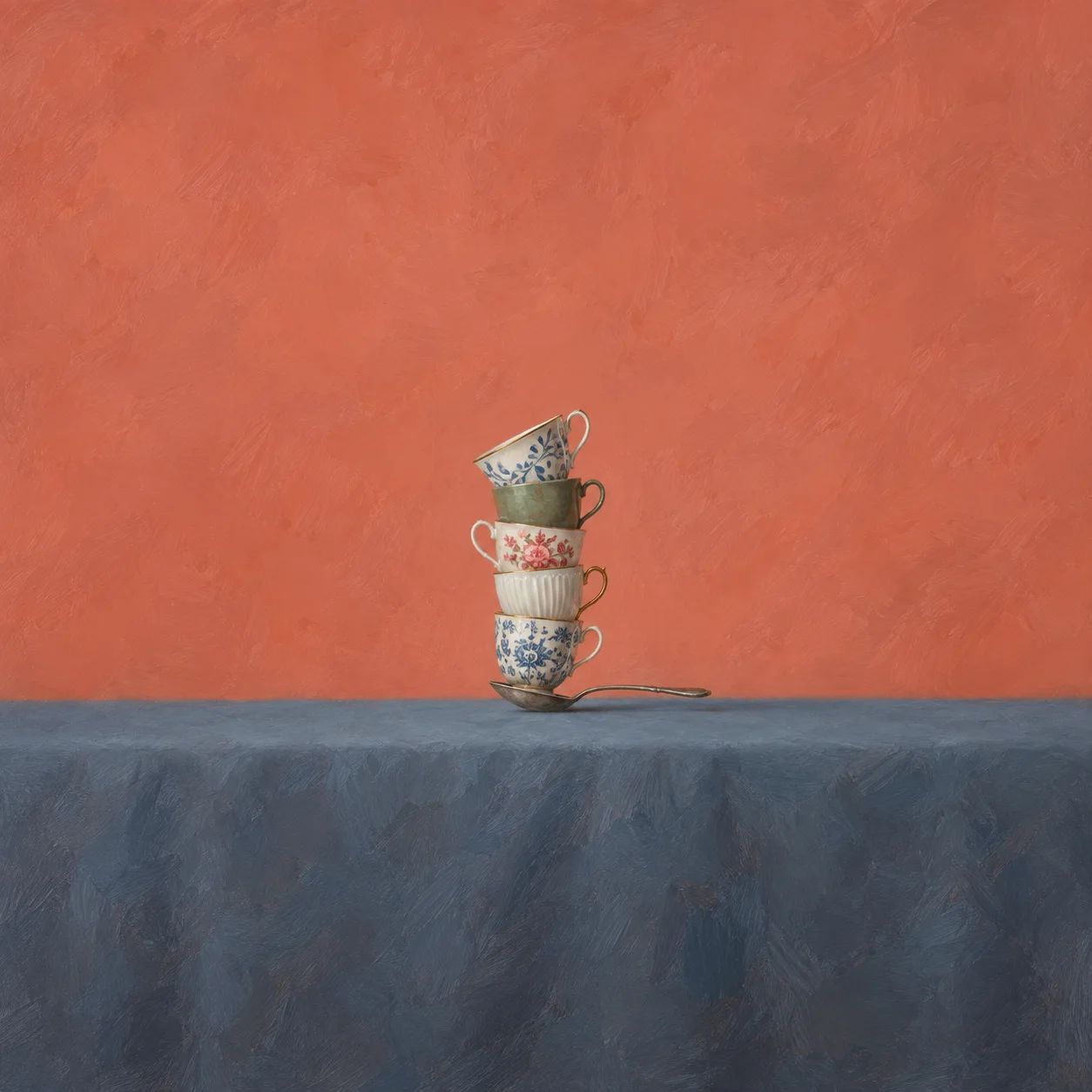 A leaning stack of five teacups balanced on a spoon on a blue-covered table against a coral background.
