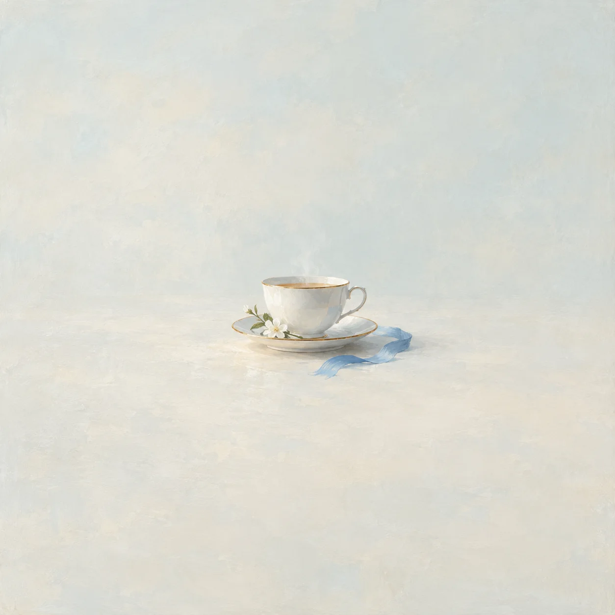 A white teacup and saucer with gold rims sit beside small white flowers and a loose blue ribbon.
