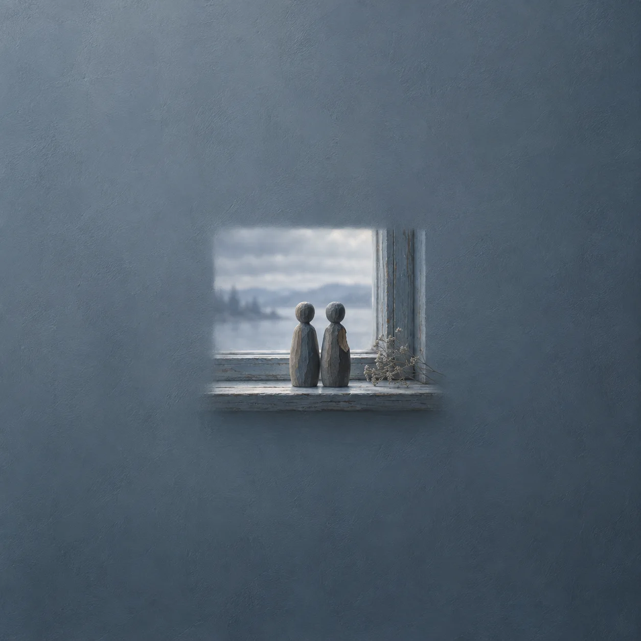 Two faceless carved wooden figurines, one slightly chipped, stand side by side on a weathered windowsill.