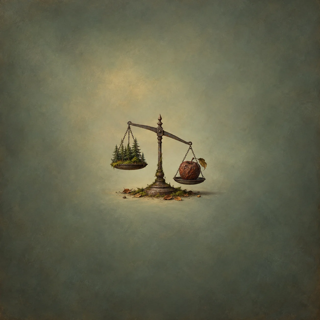Iron balance scale tipping toward a shriveled apple, with forest greenery and loose leaves at its base