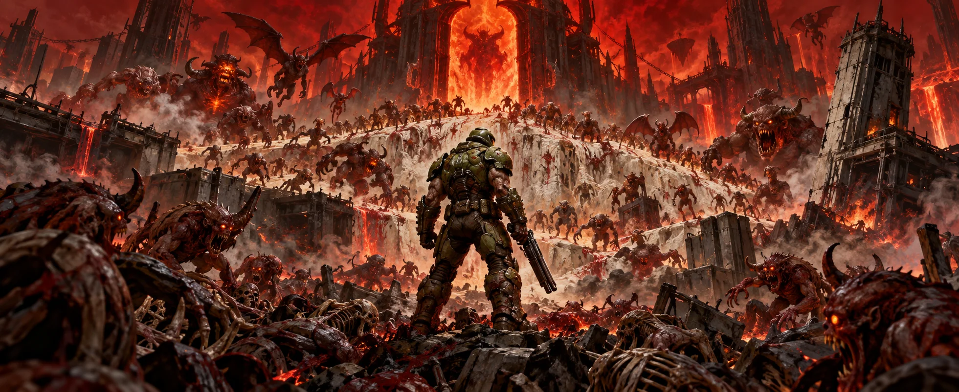 A lone armoured warrior in green stands his ground in a red hellscape as a horde of demons pours down the ridge before a giant fortress gate.