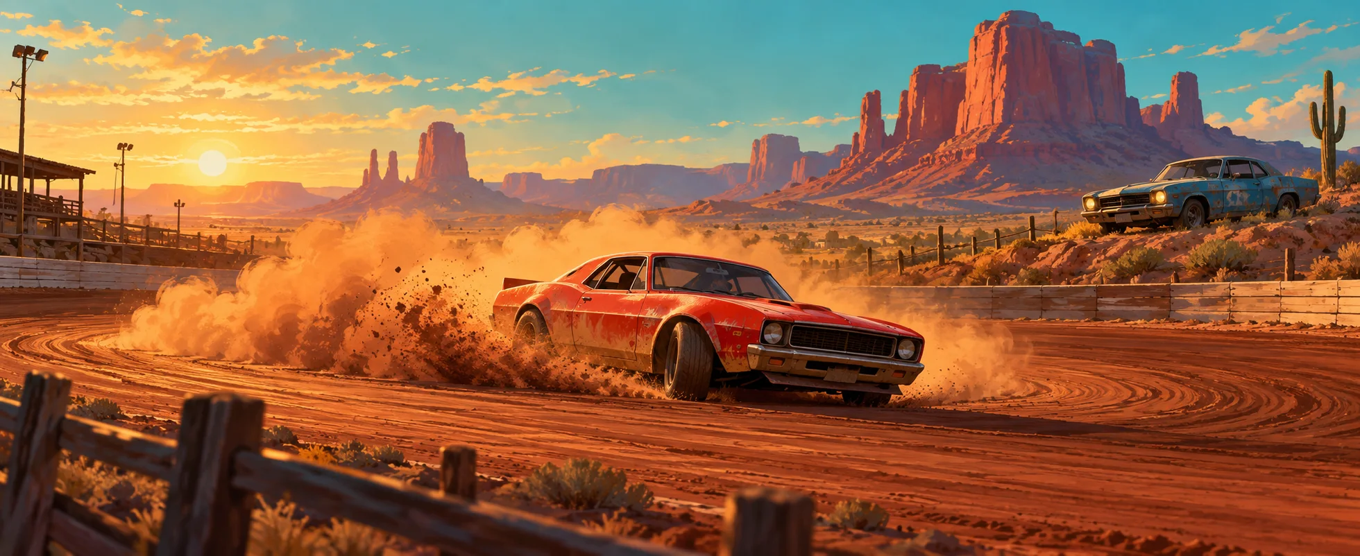 A red race car slides sideways through a dusty dirt-track corner below desert mesas at sunset.