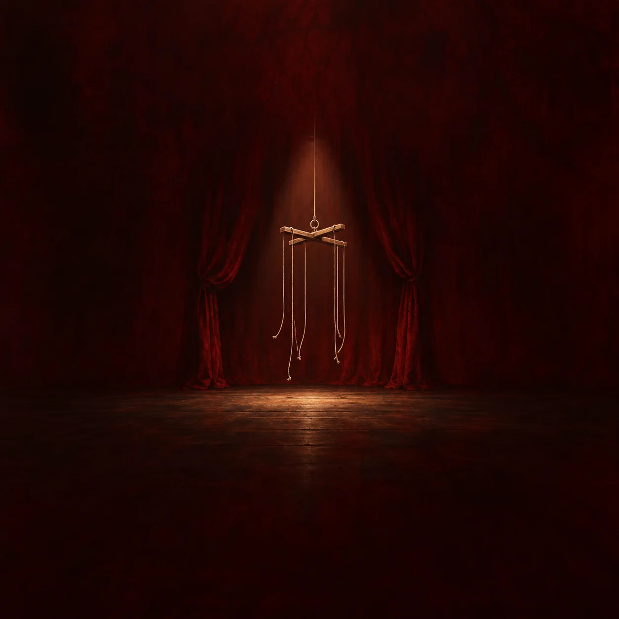 Painterly loose marionette strings hanging from a wooden crossbar before red stage curtains.