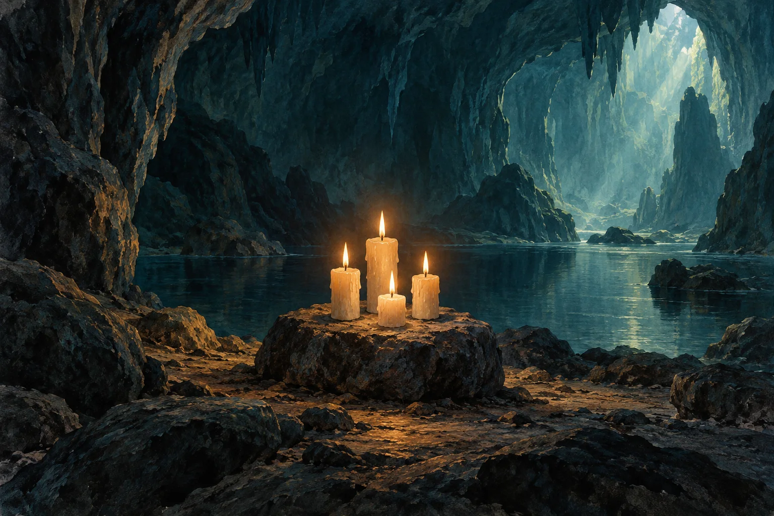 Four lit candles stand together on a stone in a dark blue cavern beside still water.