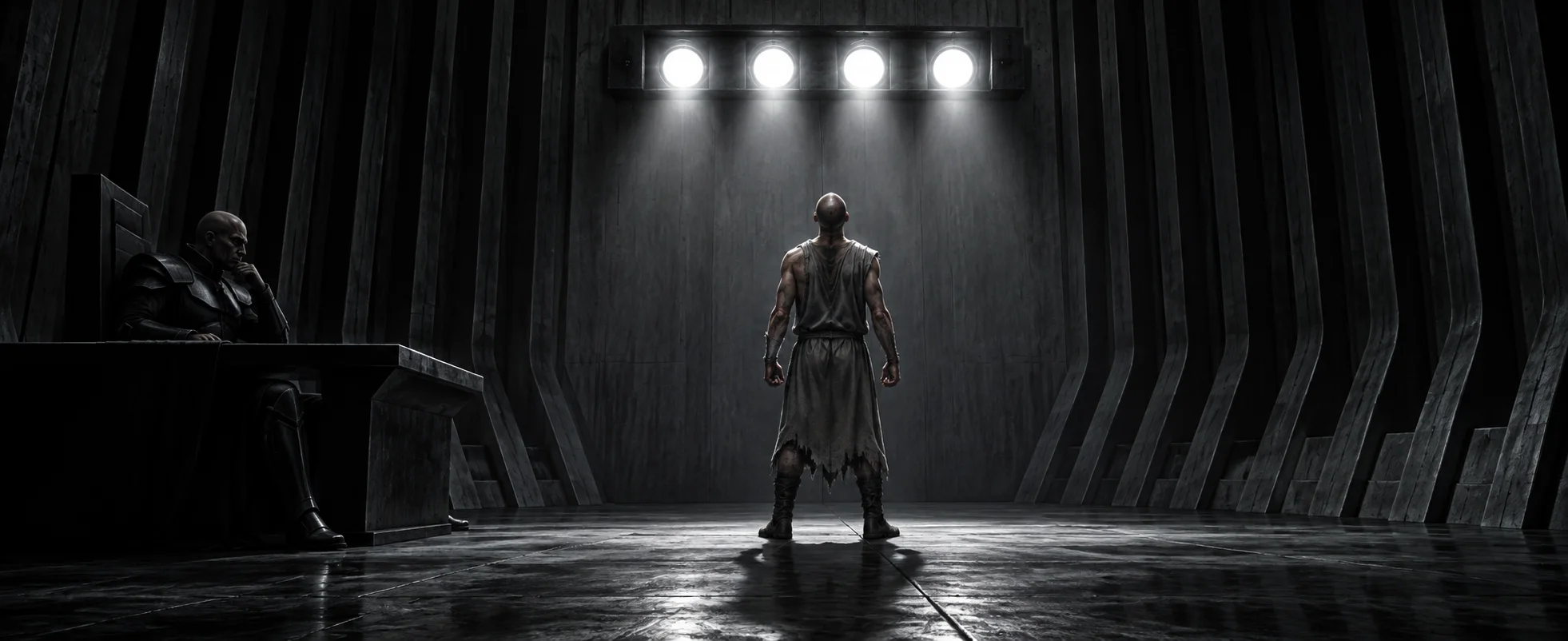 A man in a torn tunic stands defiant before four blazing white lights on the wall of a dark interrogation chamber, an interrogator seated in shadow.