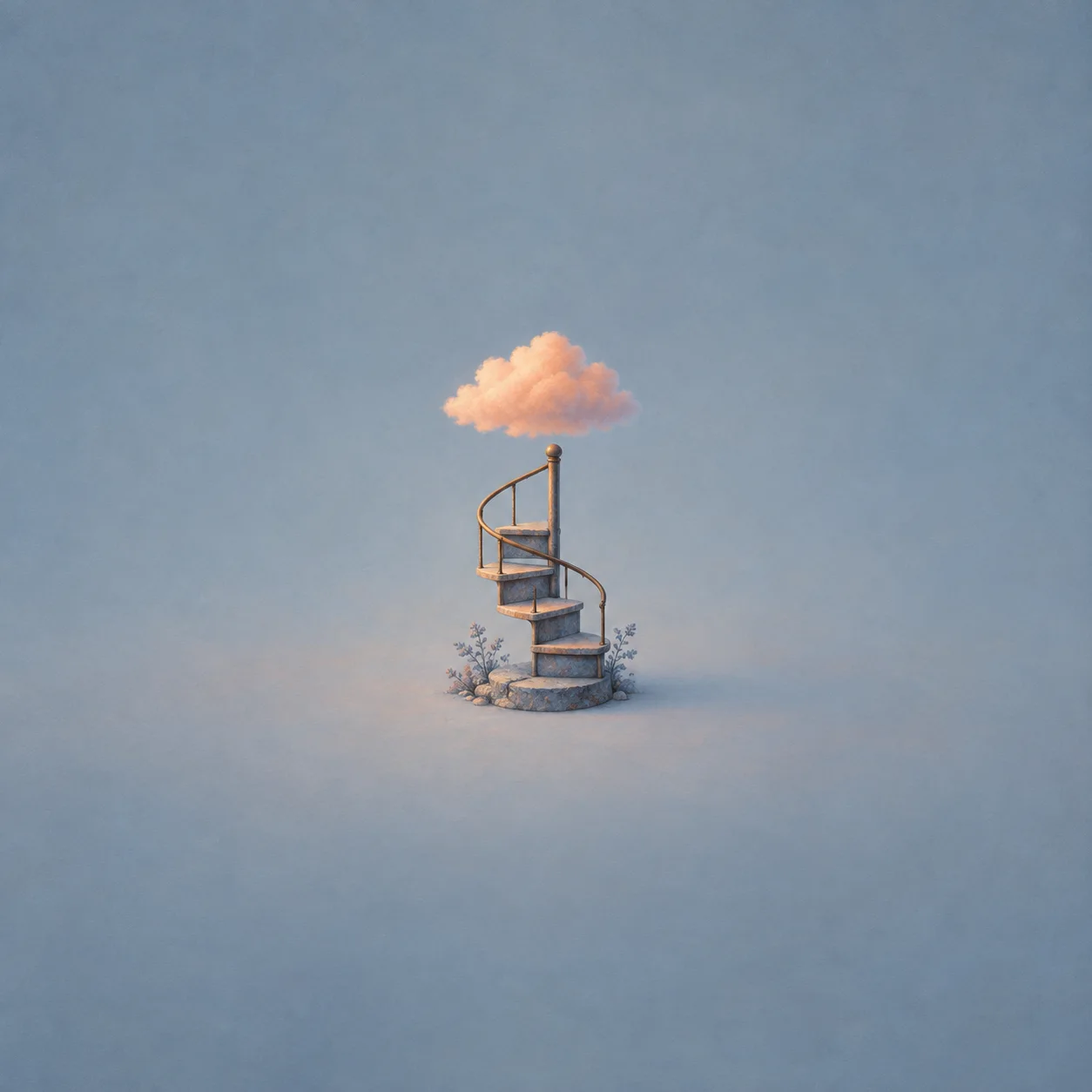 A small spiral staircase with a curved brass railing rises toward a peach cloud against pale blue.
