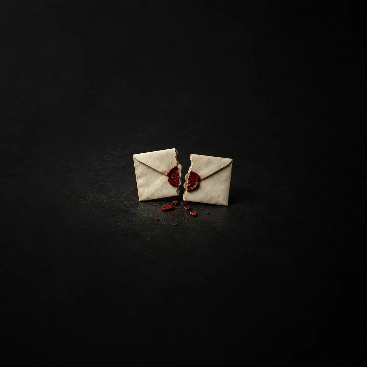 A cream envelope with a red wax seal is torn down the middle, with wax fragments scattered on a black surface.
