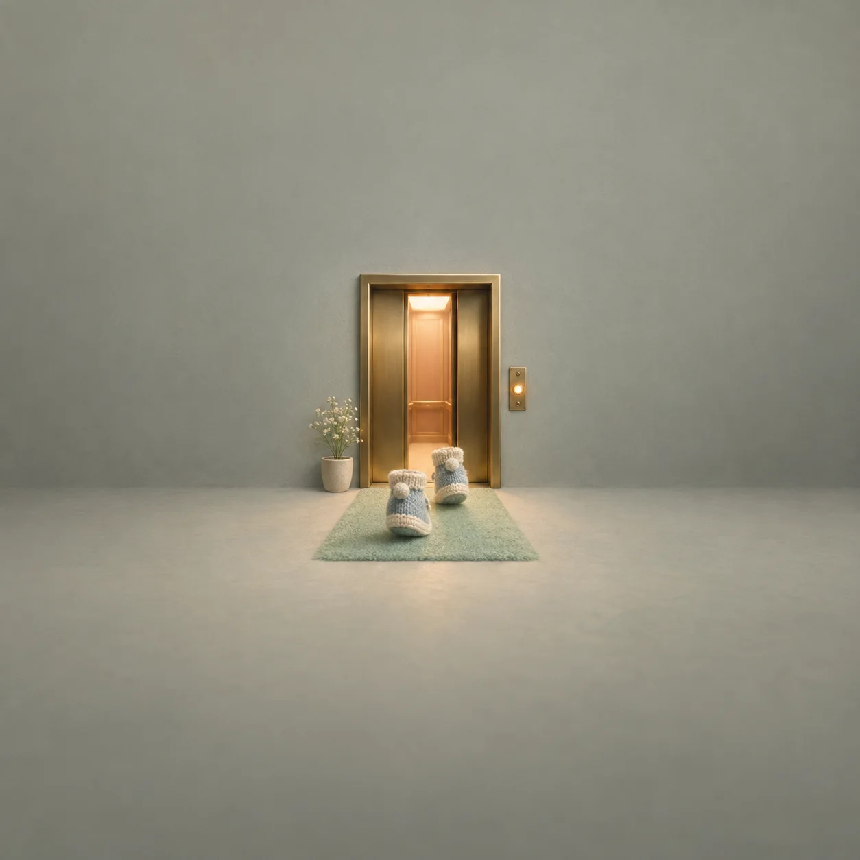 Tiny knitted shoes rest on a mint-green rug in front of a warmly lit brass lift door and a potted plant.