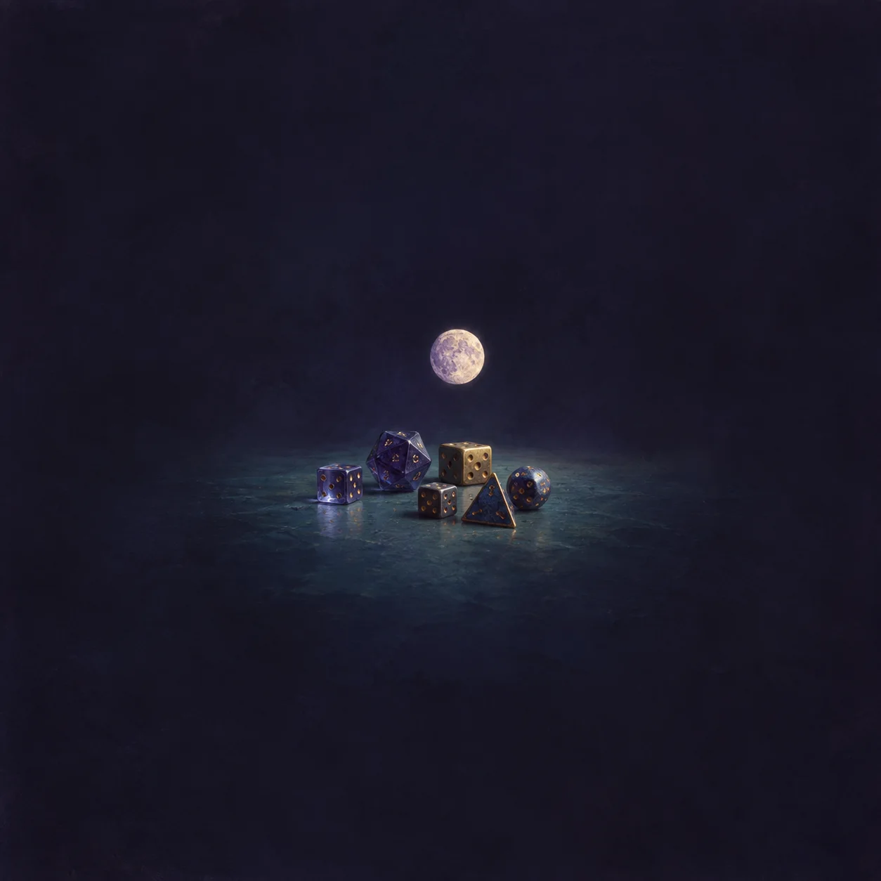 Small blue and brass dice rest on a dark reflective surface beneath a pale moon.