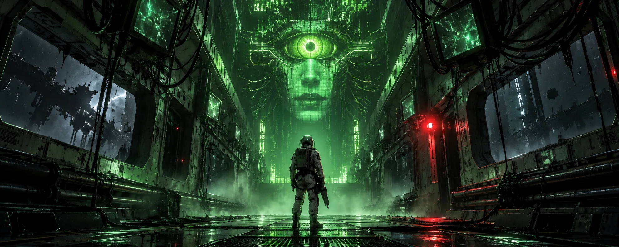 A lone hacker in a visored suit stands in a long, flooded green-lit space-station corridor beneath a giant glowing cybernetic face with a single green eye.