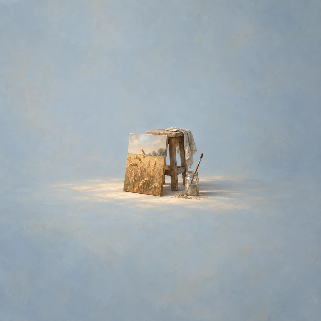 A small painting of golden wheat leaning against a wooden stool beside a brush in a glass jar.