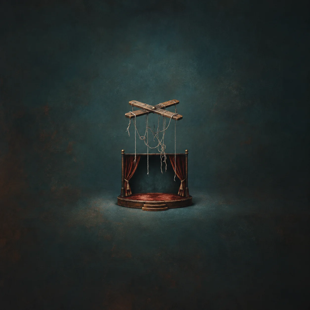 Tangled strings hang from a wooden puppet control bar above a small empty curtained stage.