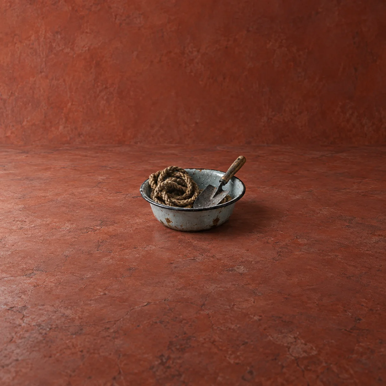 A worn enamel basin holding coiled rope and a trowel on a brick-red surface.