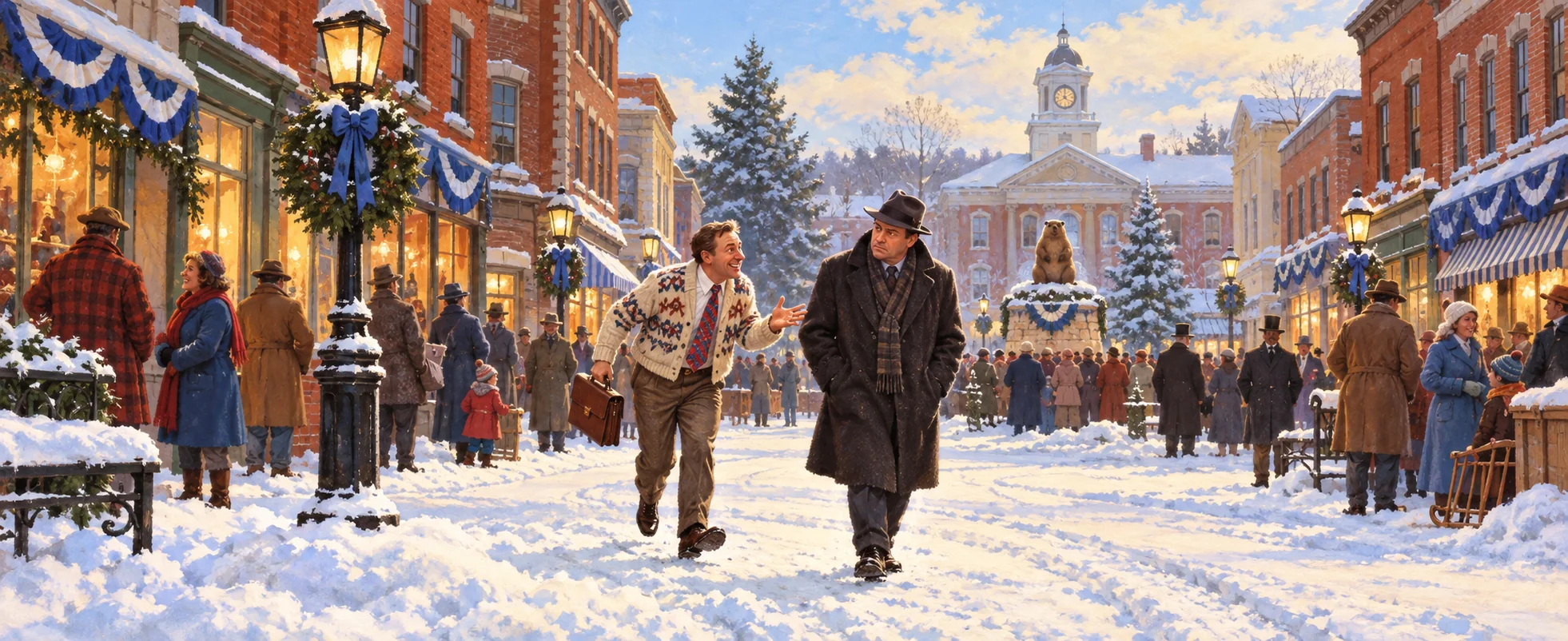 An eager man in a bright sweater hurries after a weary man in a dark coat down a snowy, bunting-hung small-town street.