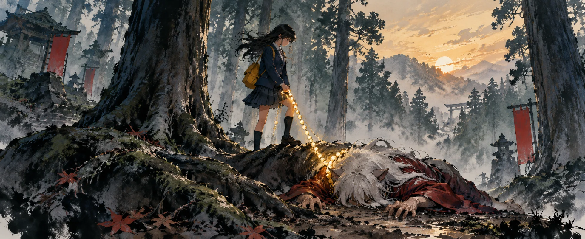 A schoolgirl with a bow walks through a misty forest, a glowing rosary trailing to a white-haired figure lying under a sacred tree.