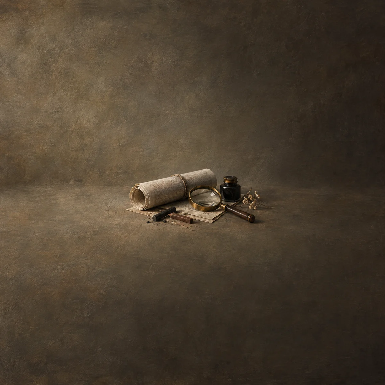 Painterly rolled newspaper beside a magnifying glass, dark ink bottle and writing implements.