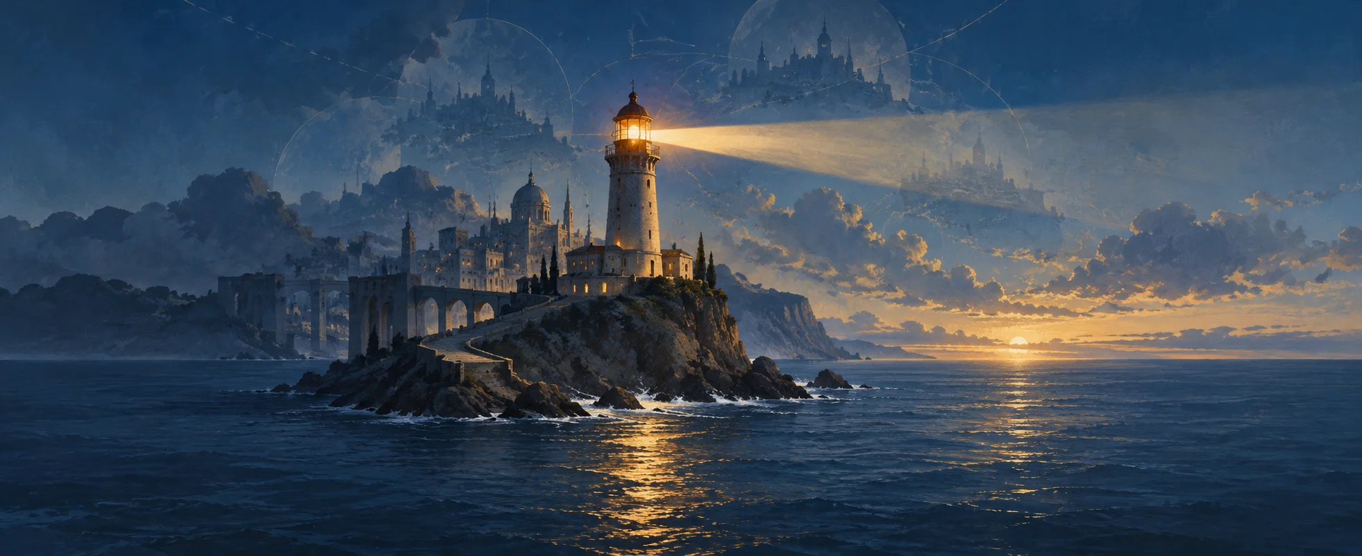 A solitary lighthouse rises beside an empty coastal city, its beam reaching across a deep blue sea.
