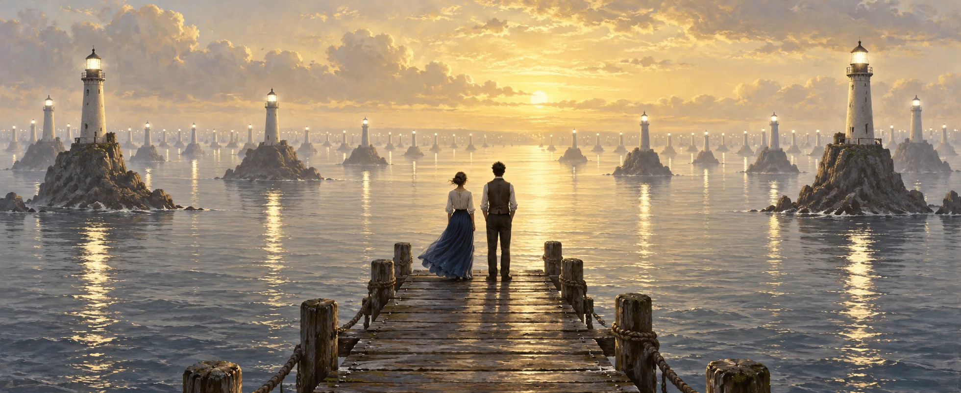 A woman in a long blue skirt and a man in a waistcoat stand on a wooden dock before a calm sea dotted with endless lighthouses.