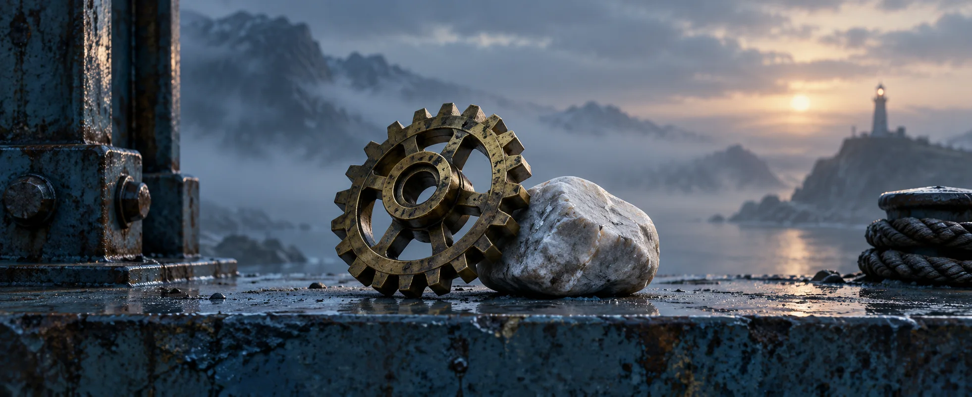 A worn brass gear rests beside a pale stone on a cold blue industrial ledge.