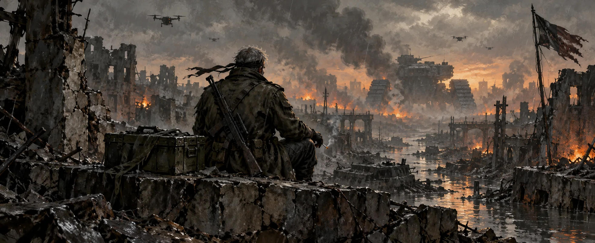 An old soldier in a bandana sits on a broken wall looking out over a burning, ruined city as drones fly overhead.
