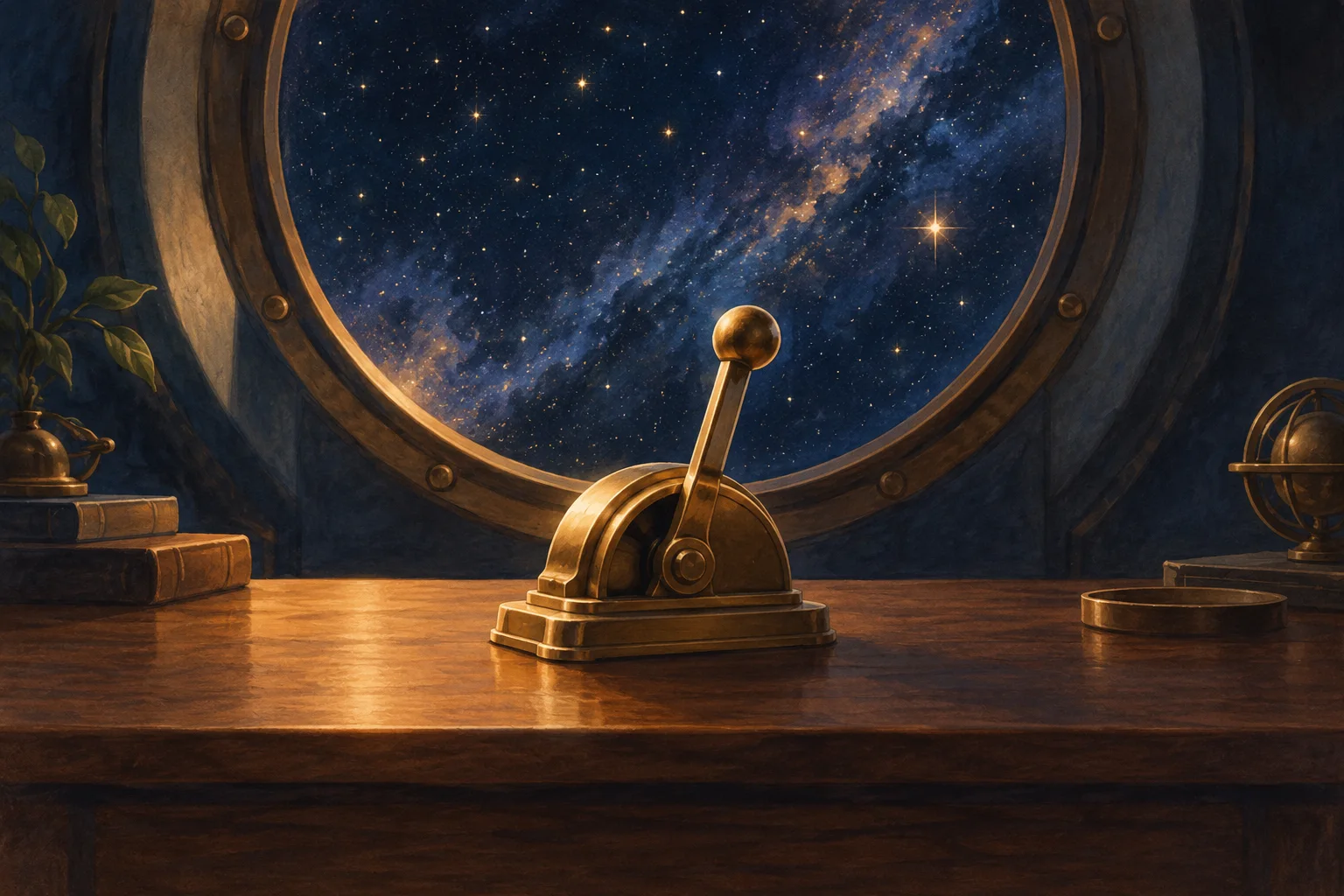 A small brass lever is poised on an unmarked navigation desk facing a bright field of stars.